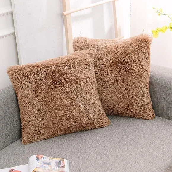 Tan/Khaki Luxury Furry Faux Fleece Pompom Cute Dorm Throw Pillow Decor Cover Set - Picture 4 of 8